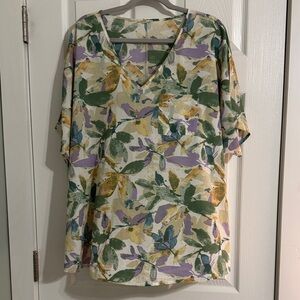 JODIFL V-Neck Floral Leaf Print Top - Green, Purple, Yellow